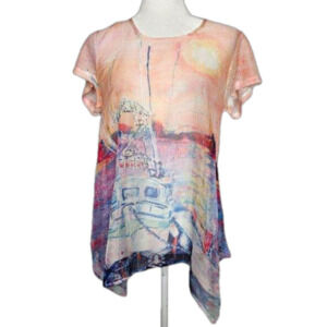 Leoma Lovegrove Size Medium Sheer Tunic Top Peach Coastal Boats Art Print